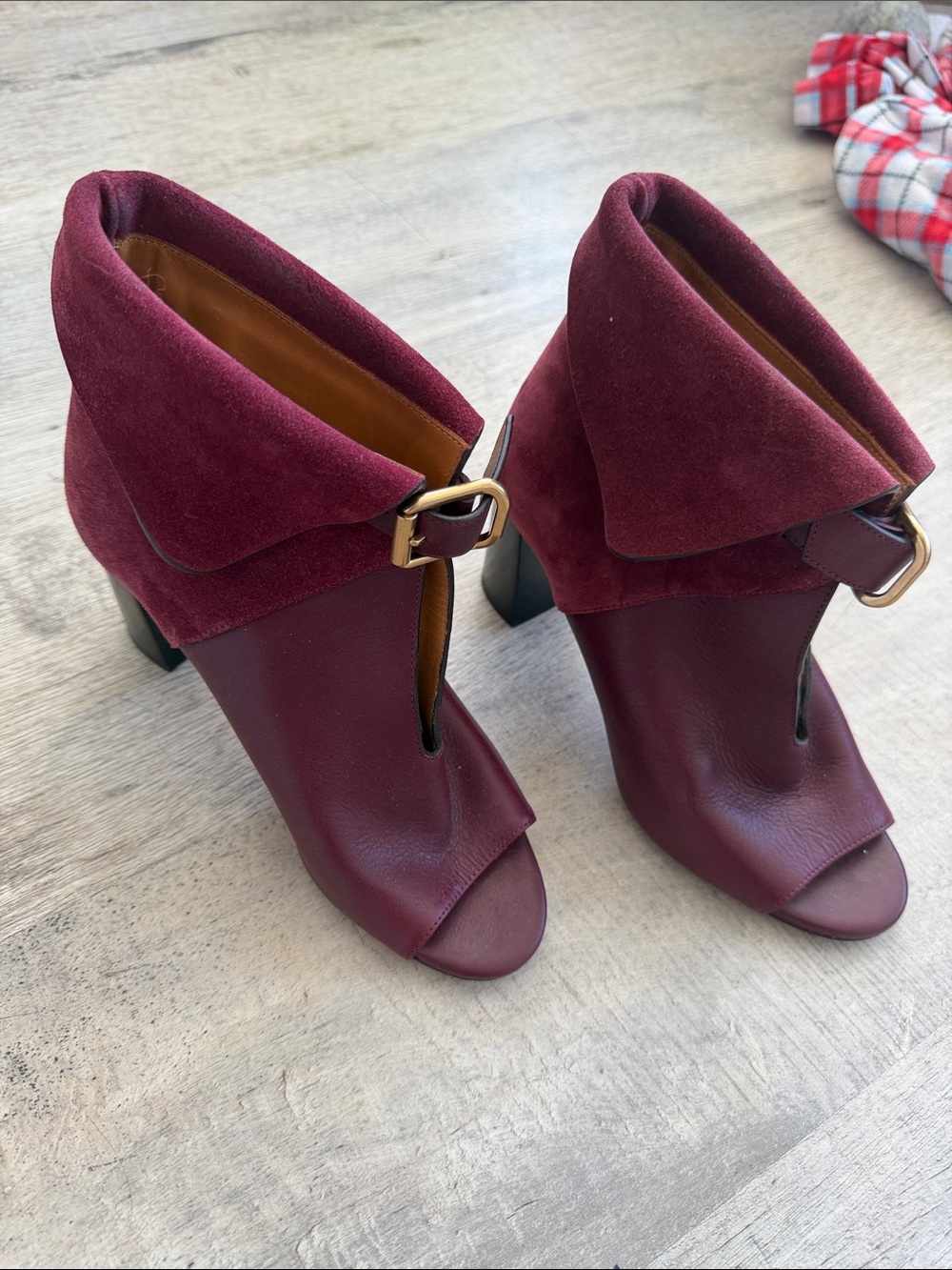 Chloe Women's Burgundy Peep-Toe Ankle Boots with Buckle